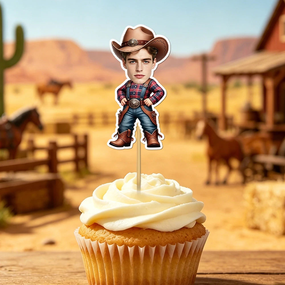 12 Stück Personalisierte Cowboy-Geburtstagstorten-Deko, Western-Thema Individuelle Gesichtsfoto-Tortendekoration