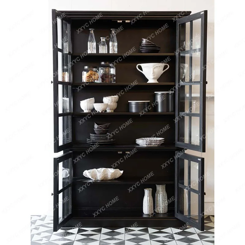 XX Style Solid Wood Bookcase Wine Cabinet  Vintage Arched Storage Mid-century Side Cabinet Black Glass