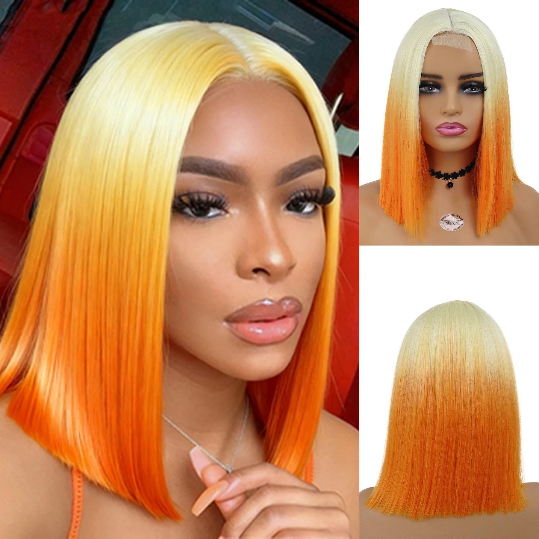 

Ombre Blonde to Orange Synthetic Wigs for Women 15 Inch Short Bob Wigs Lace Front Wig Gradient Halloween Costume Wig Cosplay