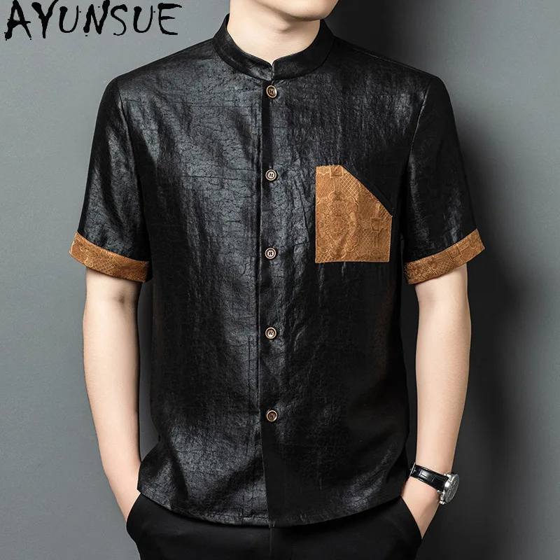 AYUNSUE 100% Natural Mulberry Silk Shirt for Men 2026 Fashion Summer Short Sleeve Shirts Real Gauze Silk Tops Stand Collar New