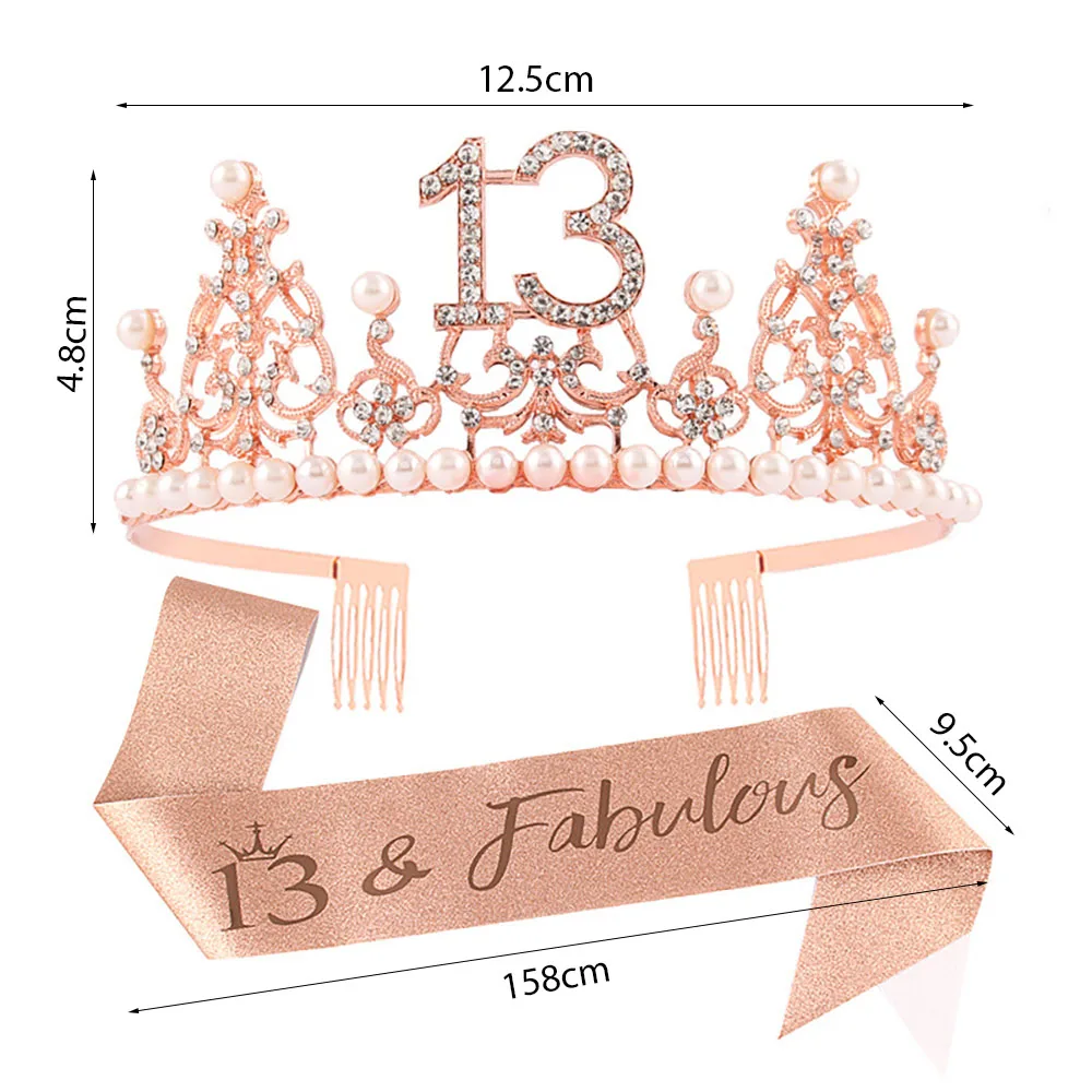 13 16 18 21 30 40 & Fabulous Glitter Sash and Rhinestone Tiara Crown Rose Gold for Girl Women Birthday Party Decoration Supplies