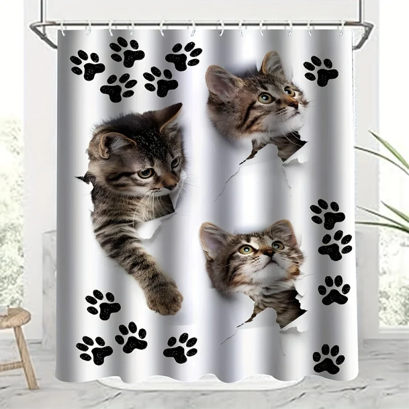 1/4PCs cat paw pattern set, waterproof shower curtain with 12 hooks, non-slip bath rug, U-shape mat, toilet lid C