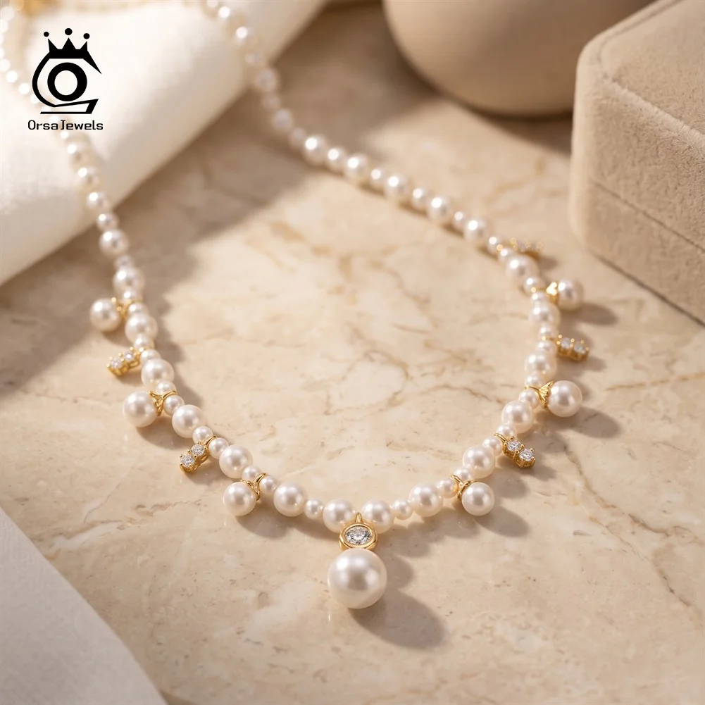 ORSA JEWELS 925 Sterling Silver Luxury Shell Pearl Necklace Shiny Zircon Embellishments Delicate Beaded Jewelry for Women PSN17