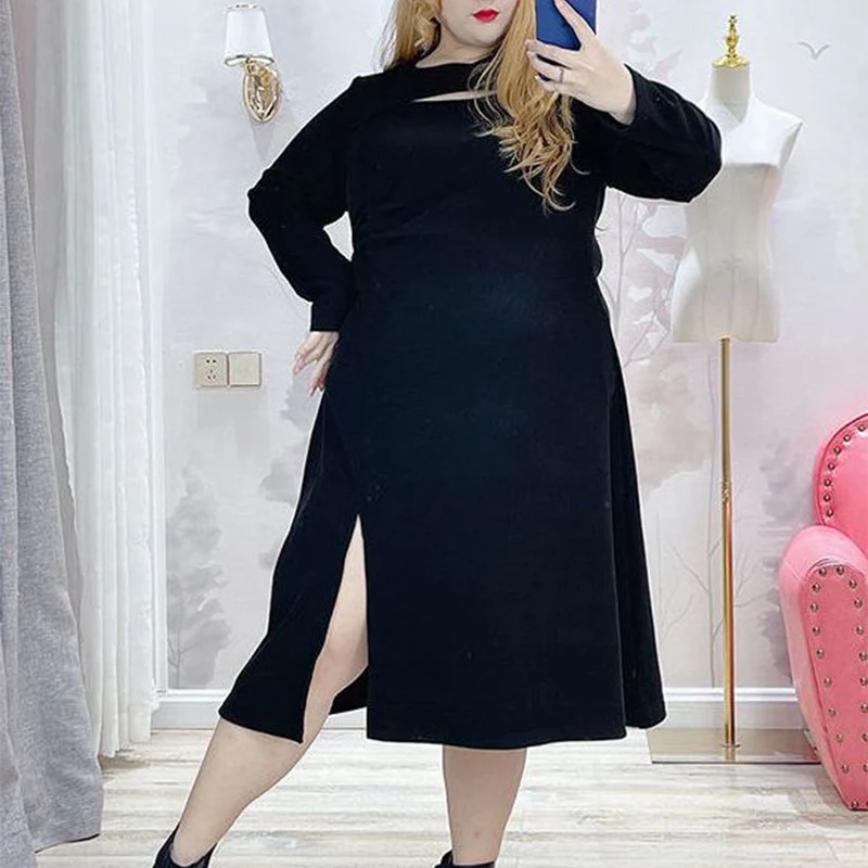 Outono inverno nova moda plus size preto sexy vestido sólido mulheres coreano moda oco para fora chique vestido de festa de senhora de grandes dimensões