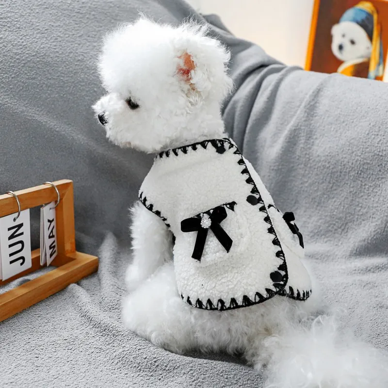 Luxury Dog Coat with Black and White Bow, Pet Clothes, Dog Jacket, Girls Dog Costume, Chihuahua, Yorkie Clothing, Autumn, Winter