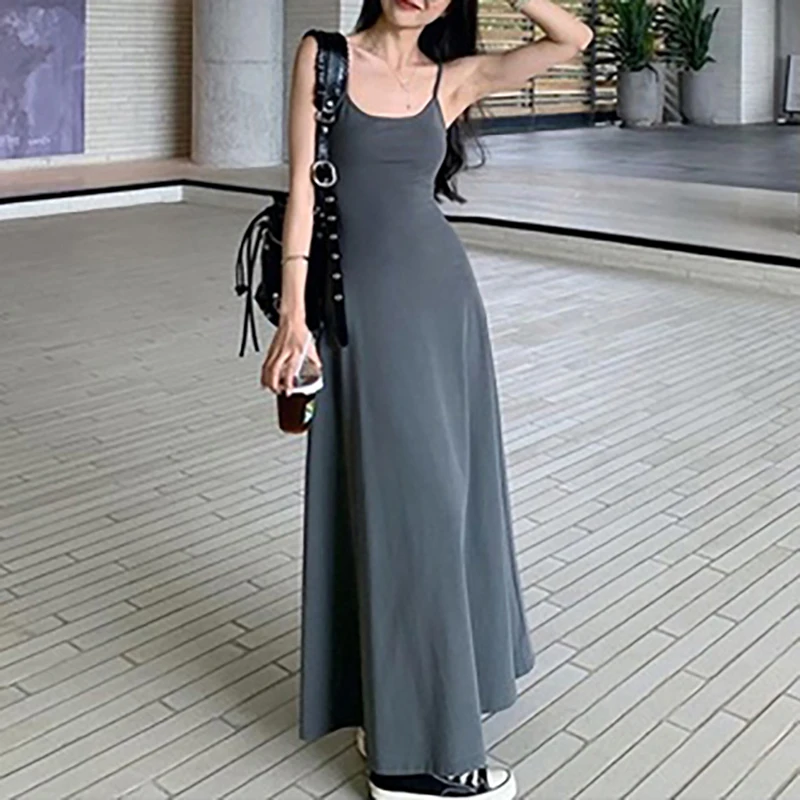 Spaghetti Strap Dresses Women Retro Sexy Slim Simple Daily Streetwear Ulzzang Midi Trendy Pure Vestidos Summer Ladies Sleeveless