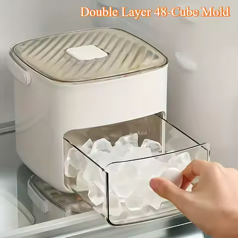 Ice Cube Tray with Lid and Scoop, Double Layer 48-Cube Mold, Easy Release Large Capacity Press Ice Tray, Essential Kitchen Gadge
