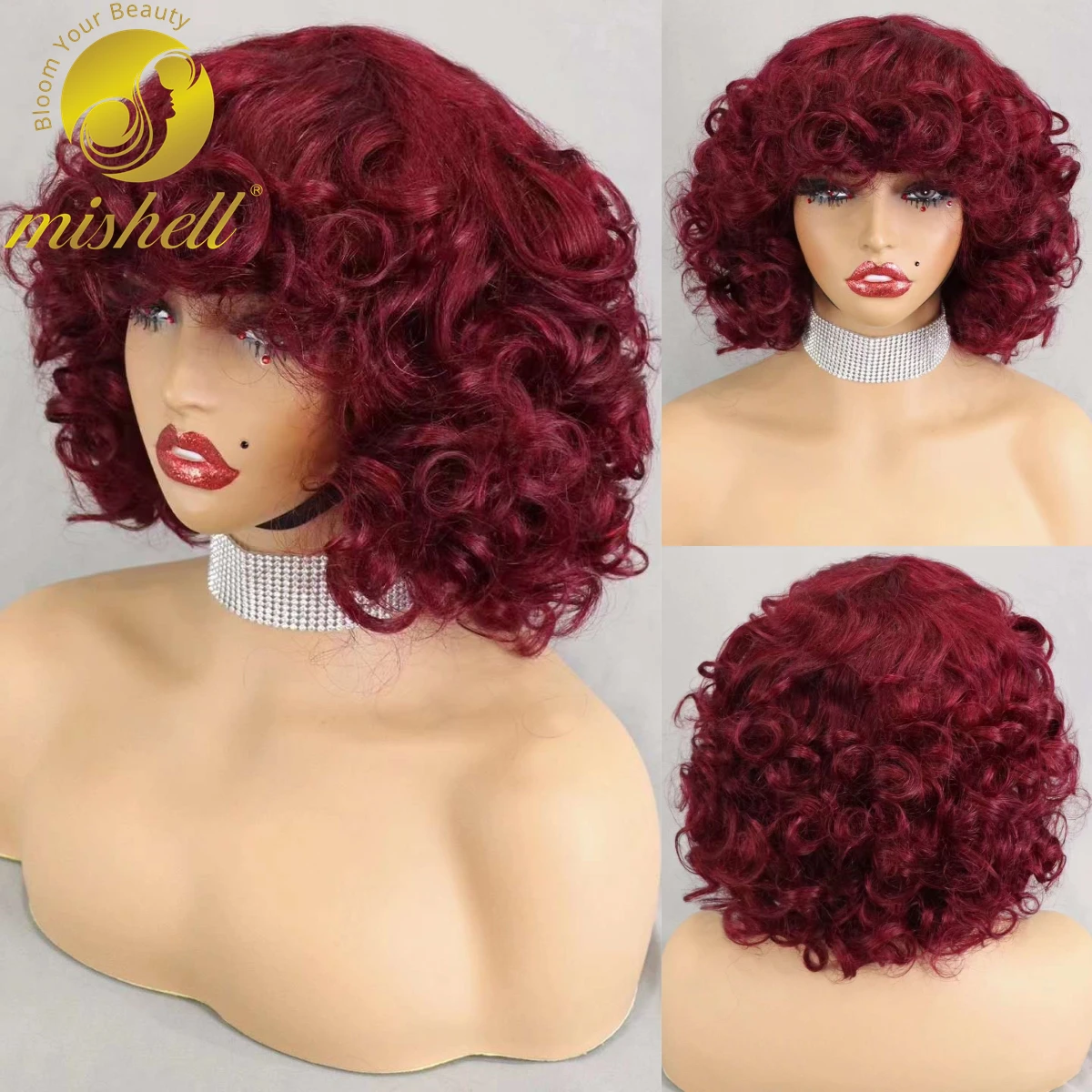 

Burgundy Machine Made Bob Wigs 200% Density Brazilian Remy Human Hair Wigs Loose Wave Curly Bob Wigs with Bangs for Black Women