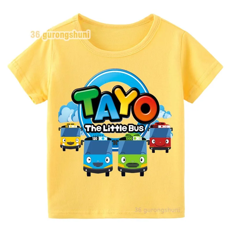 T-shirt dla dzieci dla chłopców dziewcząt ubrania dla dzieci tshirt dziewczyna Cartoon Korea Tayo mały autobus graficzny z krótkim rękawem żółte