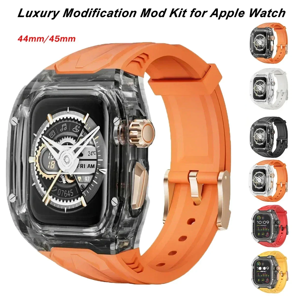 Luxury Modification Mod Kit for Apple Watch Band Case 8 7 45mm Transparent Bezel  TPU Strap for IWatch SE 6 5 4 44mm