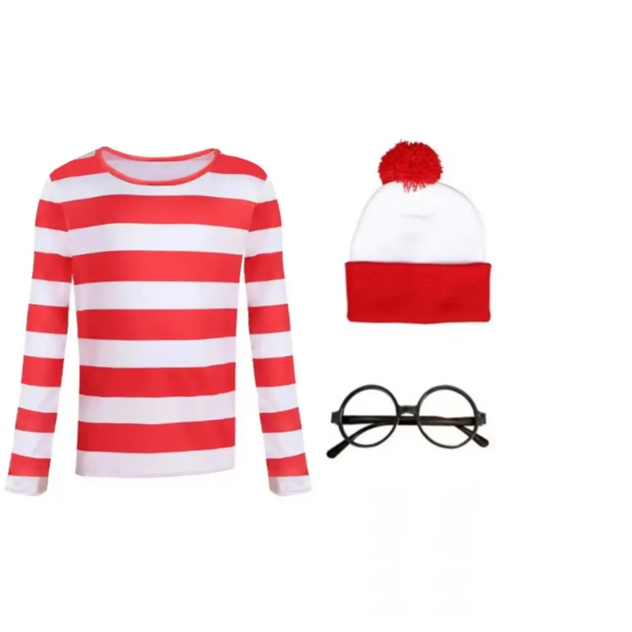 ชุดคอสเพลย์วอลลี่ วอลโด้ ชุดเสื้อแขนยาวลายทางพร้อมหมวกสำหรับผู้หญิง ผู้ชาย เด็ก สำหรับงานฮาโลวีน งานคาร์นิวัล งานปาร์ตี้คอสเพลย์