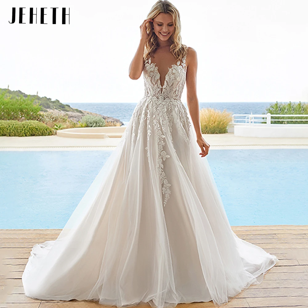 JEHETH 2023ชุดแต่งงาน Backless Vestidos De Novia A-Line สำหรับผู้หญิงชุดเจ้าสาว Appliques Robe De Mariée Vestido Verão Feminin