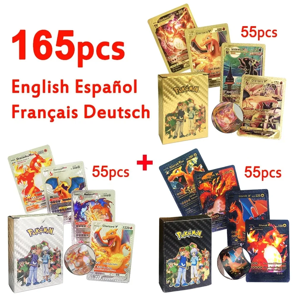 Bunte Pokemon-Karte VMAX Charizard Pikachu Arceus Gold Schwarz Silber Englisch Französisch Deutsch Spanisch GX Battle Collection Karten