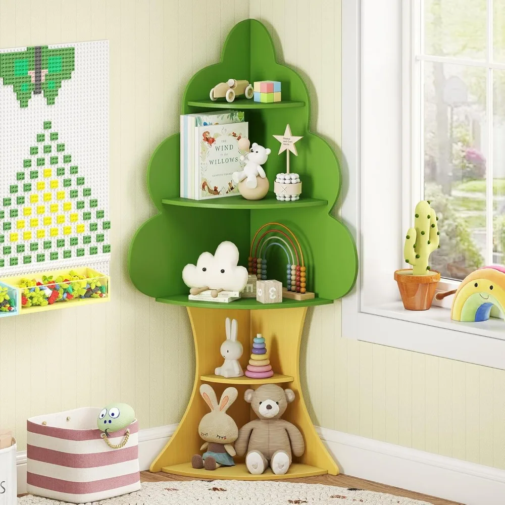 

Tree Kids Bookshelf, Wood 5-Tier Corner Bookcase, Baby Montessori Shelf Rack Children's Bookcase, Toy and Book Toddler St
