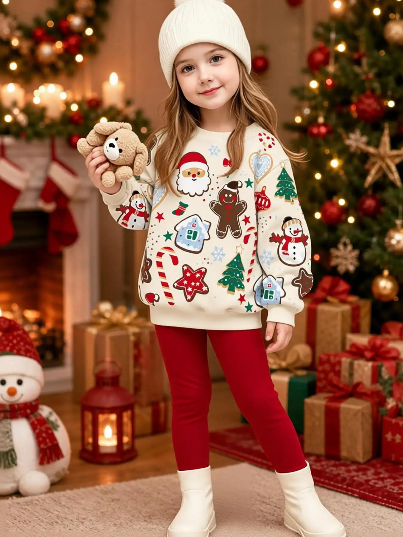 Girls' Christmas Outfit: Apricot-Colored Sweatshirt with Santa Claus and Gingerbread Man Prints, Red Long Pants Two-Piece Set, Autumn and Winter Children's Holiday Outfit, Snowman, Christmas Tree, Candy House Prints