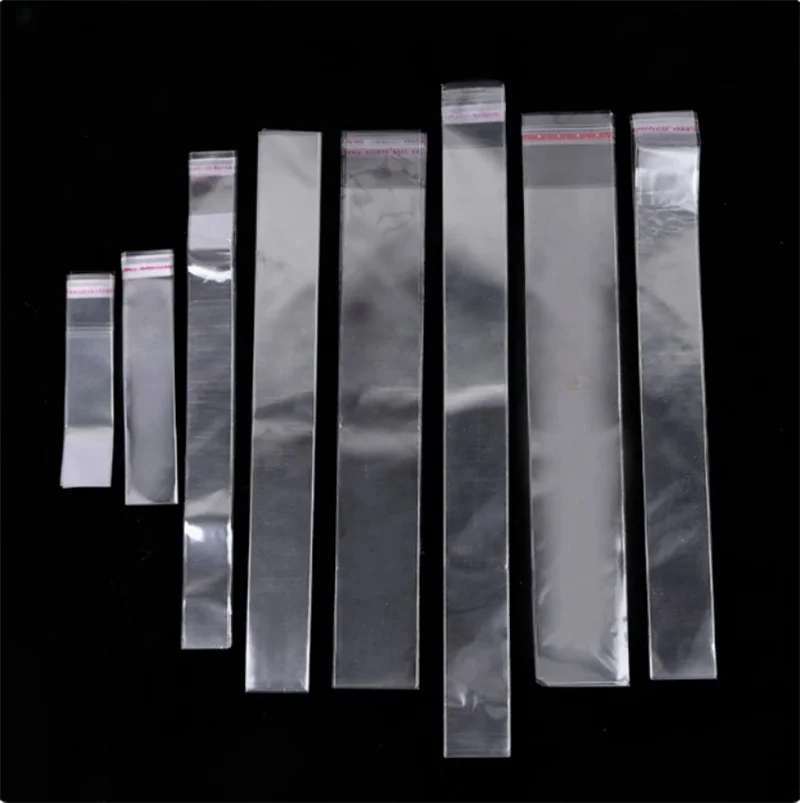 StoBag 100/200pcs OPP Long Self-adhesive Bags Cellophane Transparent Thicker Plastic Jewelry Gift Pen Packaging Storage Pouch