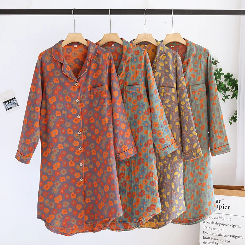 Retro Color Style 100% Cotton Skirt Cardigan Nightdress Ladies Spring Long-sleeved Loose Mid-length Nightdress Plus Size