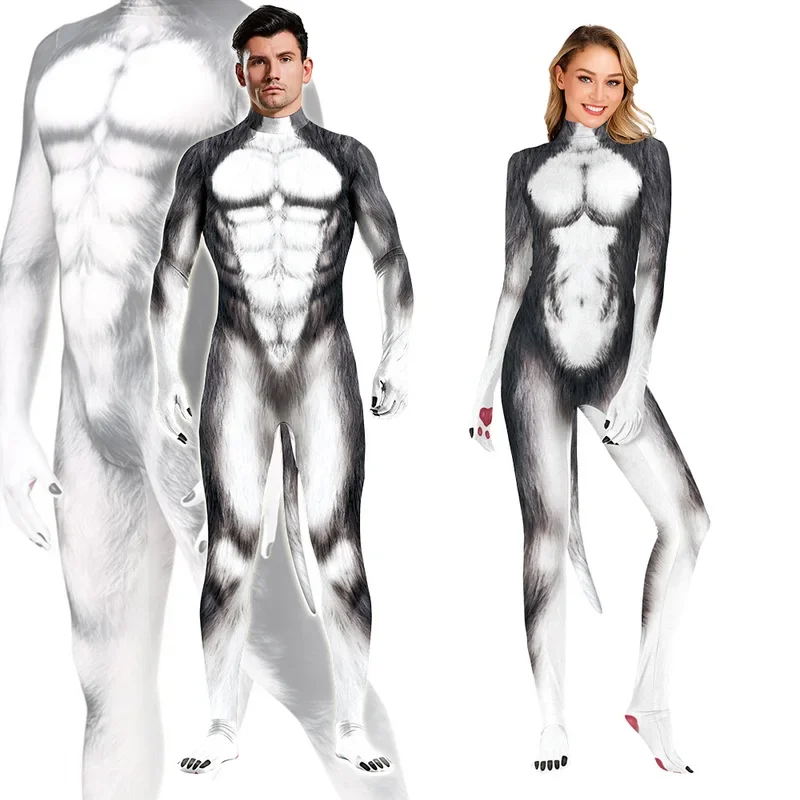 الدلماسية الرجال النساء تأثيري حلي الحيوان حليب البقر هالوين الكرتون Catsuit مع ذيل Zentai دعوى بذلة ارتداءها كامل