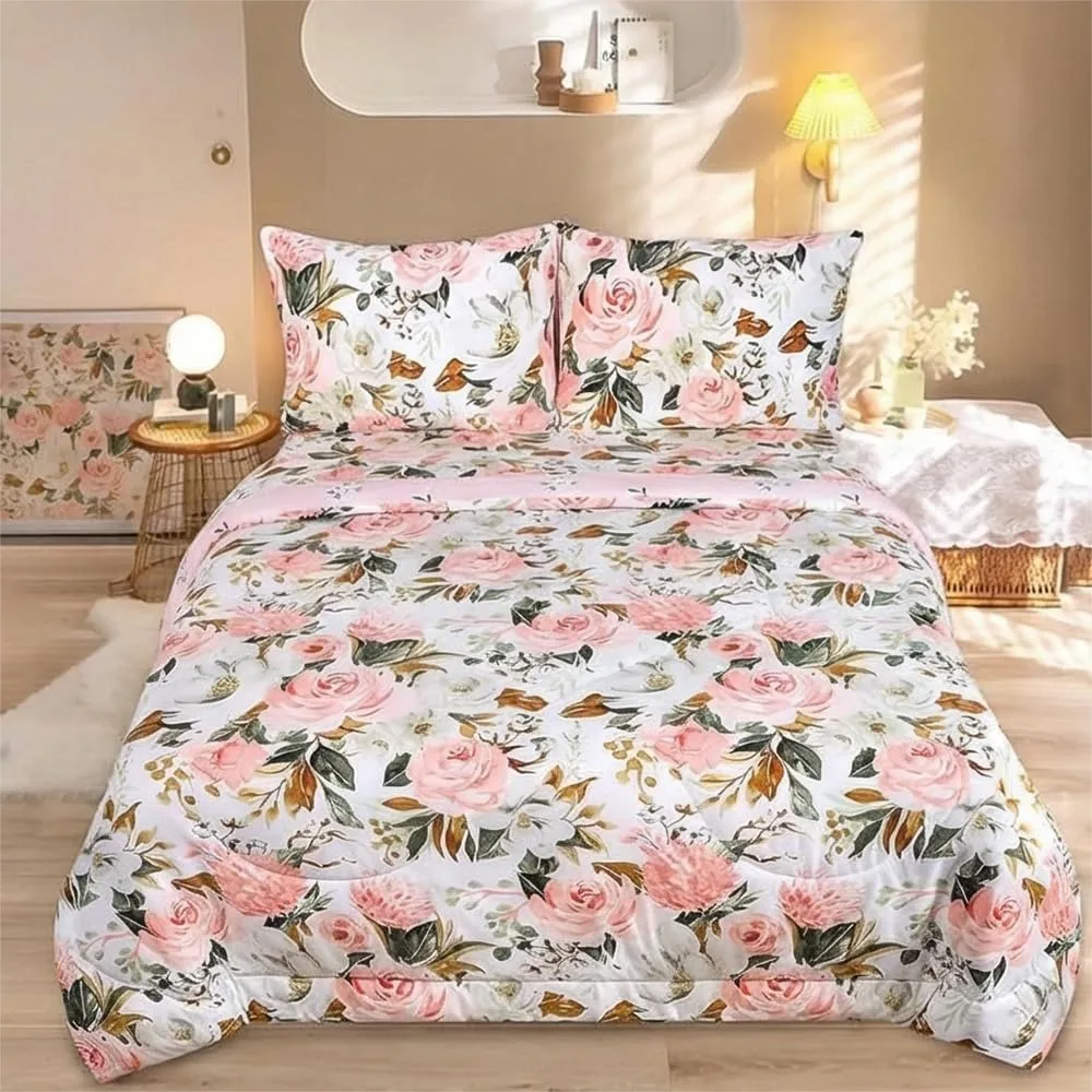 

Full Size Comforter Set for Girls, Reversible 5 Piece Bedding Set with Ultra Soft Pink Floral Pattern and Sheet