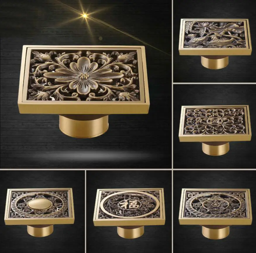 Antique-style copper bathroom anti-odor floor drain, brass vintage insect-proof shower drain, full copper ornate balcony drainag
