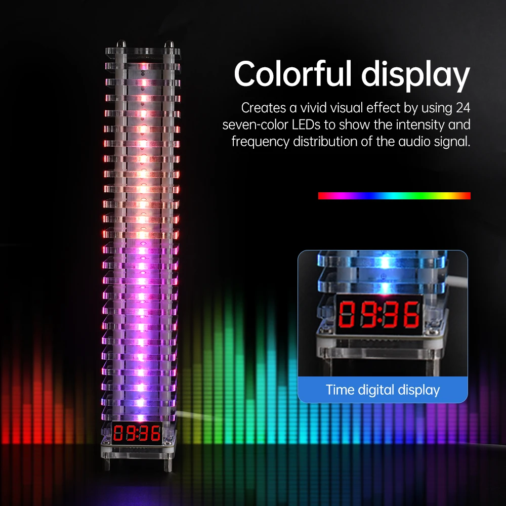 LED Music Spectrum Pickups Indicador de Nível, Sound Control Ritmo Luz, Relógio Eletrônico, Brilho Ajustável, DIY, DC 5V