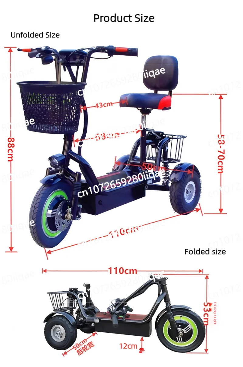 Small Electric Tricycle Mobility Scooter for Adult Elderly 350W 48V 20AH 60KM Foldable Electric Scooter with Big Seat/Backrest