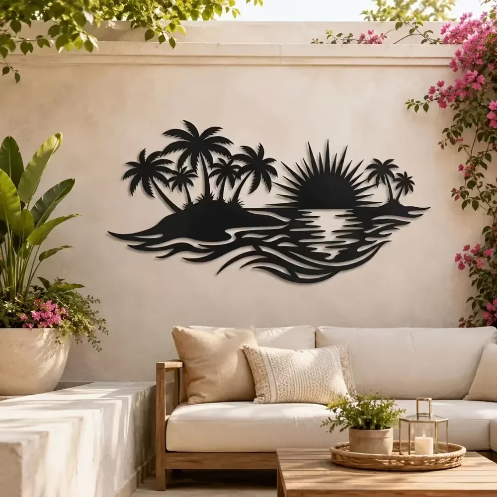 1pc CIFBUY Palm Tree Metal Wall Art, Iron Tropical Sunset Beach Sign Decor, Rustic Accent, Powder-Coated Rustproof
