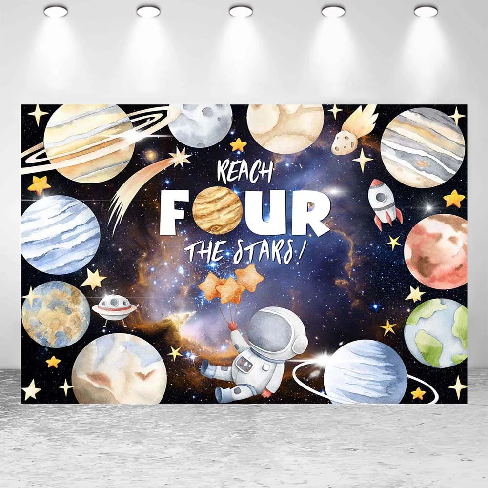 Mocsicka Reach Four the Stars Boy 4th Birthday Backdrop Space Planet Astronaut Child Four Birthday Party Decor Background Banner