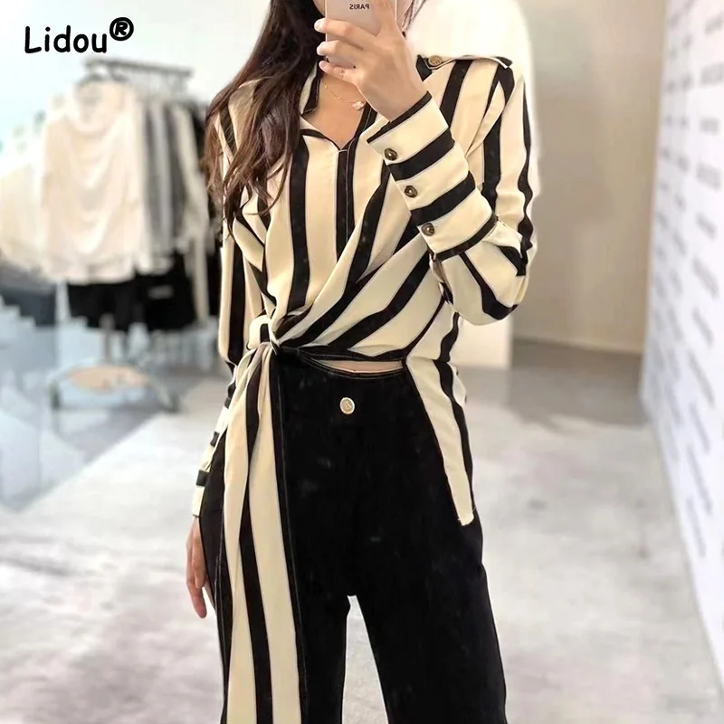 

Women's High-quality Long Sleeve Shirt Korean Striped Thin Long Lace-up Women's Clothing V-Neck Metal Buttons Slim Spring Summer