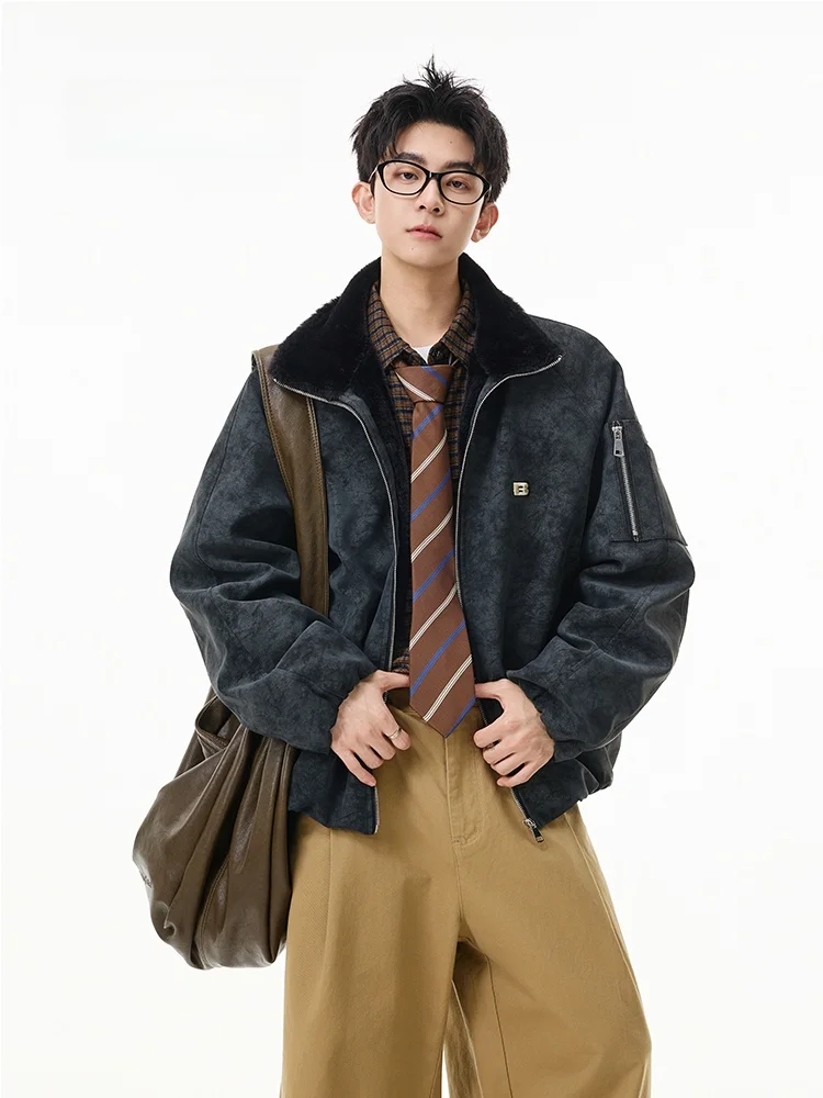 

Men's Bla Matte PU Leather Flight Jaet Cotton Workwear Winter Thiened Fce Lined High Collar Casual Outerwear