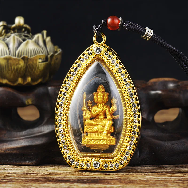 Thai amulet pendant plated with real gold and diamonds, fox statue, four-sided Buddha, pharmacist Buddha, patron saint pendant.