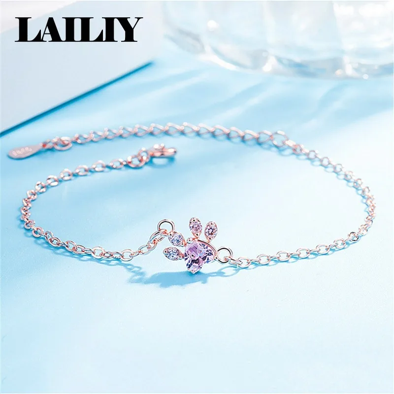 925 Sterling Silver 18K Gold Diamond Set Cute Dog Paw Print Bracelet For Women Fashion Jewelry