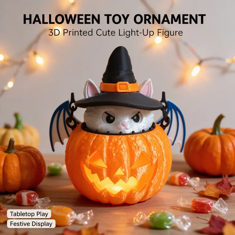 Cute Cat Jack-o'-Lantern Toy, Halloween 3D-Printed LED Handheld Lantern Toy, Creative Desktop Ornament Holiday Prop, Glowing Toy
