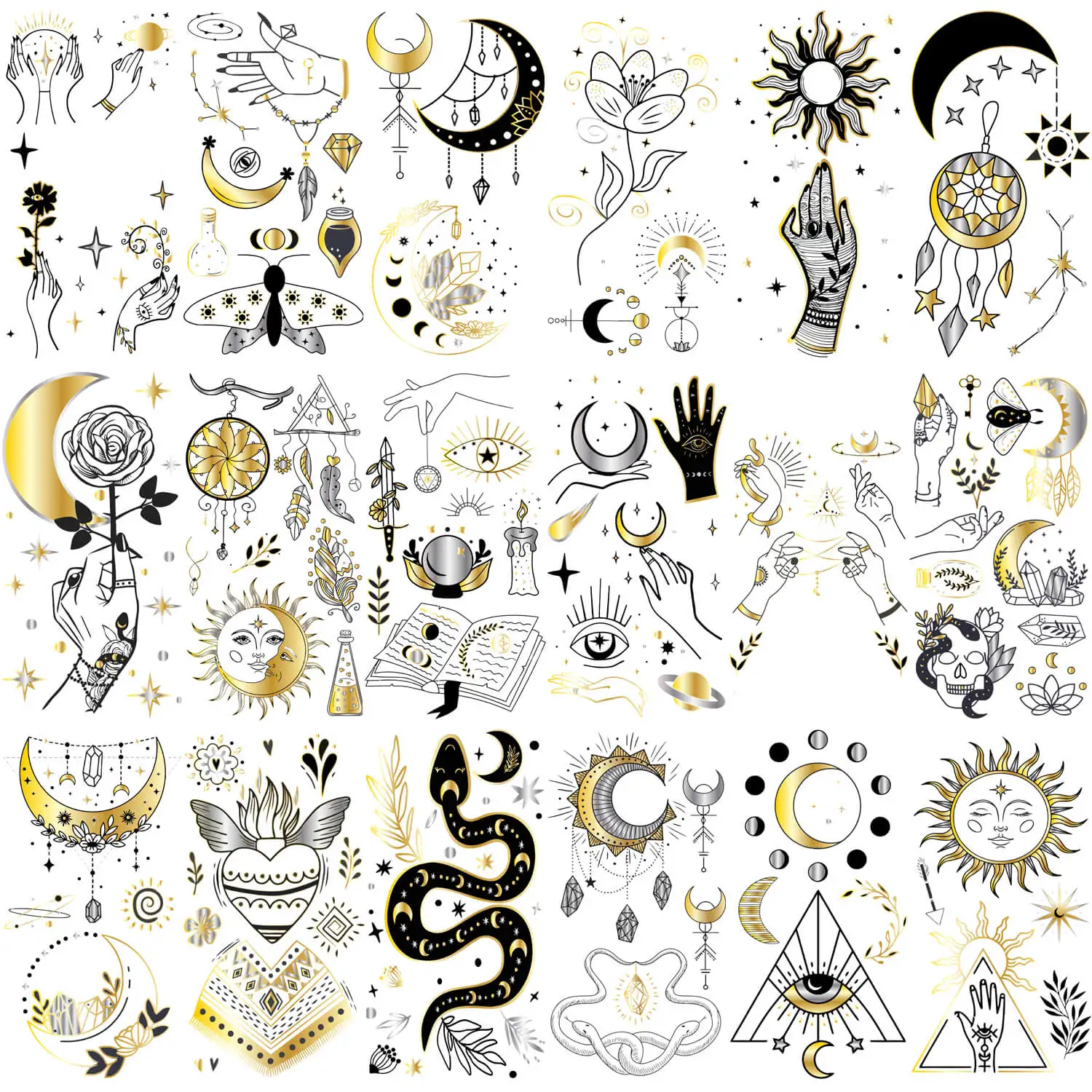 Glaryyears Metallic Gold Temporary Tattoo, 18-Pack Long-lasting Fake Tattoos, Small Size Variety Pack Realistic Tattoos