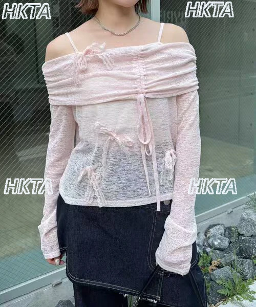 Japanse Niche Ontwerp Retro Zachte Stijl Zoete Boog Lange Mouw T-shirt Vrouwen Herfst Nieuwe Onregelmatige Off-Shoulder Top t-shirt