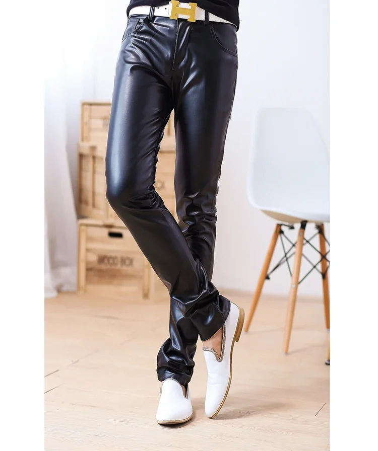 Male Leather   Pants Male Slim Leather Pants Men\'s Clothing PU Pants Male