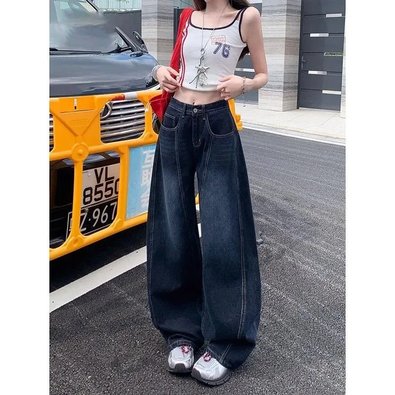 Letter Embroidery Wide Leg Trousers Women Korean Fashion High Waisted Sickle Jeans Female New Streetwear Baggy Y2K Denim Pants