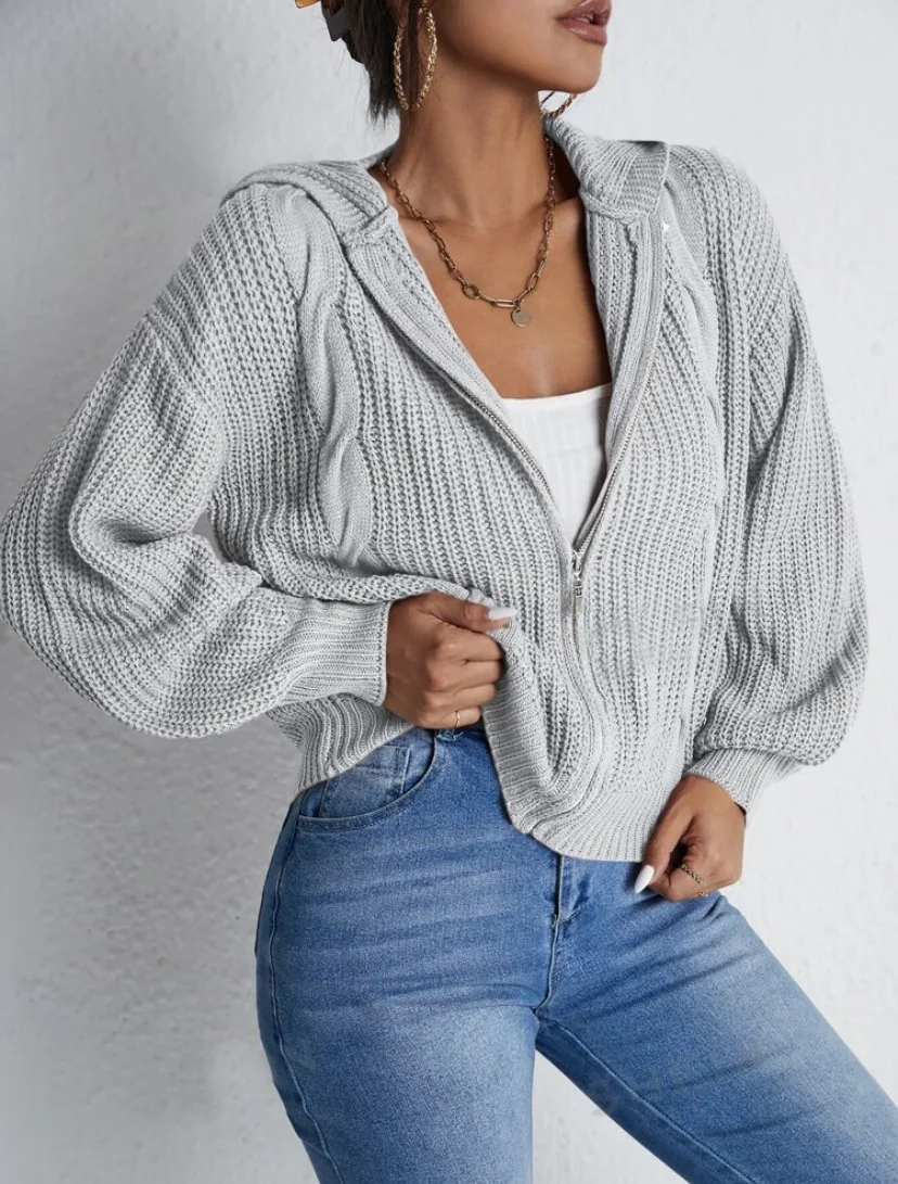 

Autumn Knitted Hooded Cardigan Women's Faionable Versatile Long Sve Sweatirt Cross-Border Clothing Tee-acetate Fiber