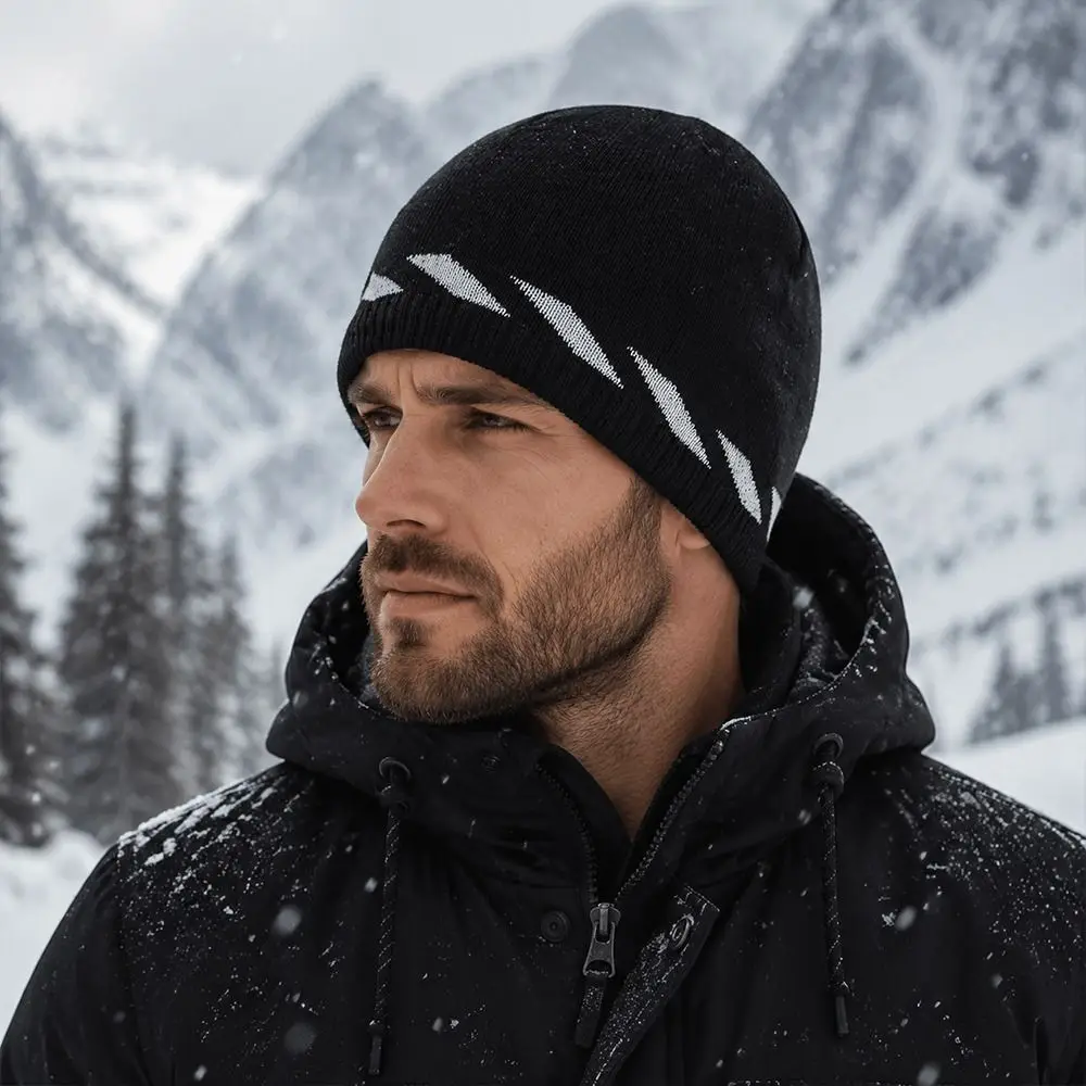 Polyester Reflective Knit Hat Reflective Stripe Stretchy Fit Winter Knit Hat Ribbed Knit High Visibility Hat Cycling and Hiking