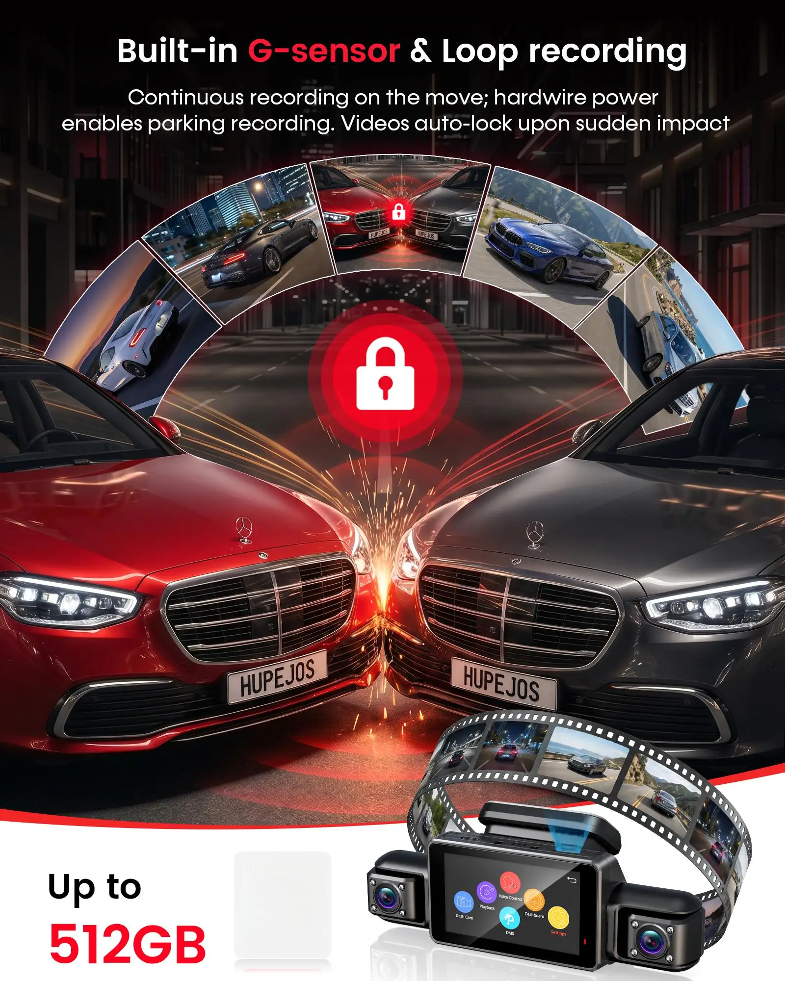HUPEJOS V9 4CH 360° ° 4K Dashcam, KI-DMS-Monitor, WLAN & GPS, Nachtsicht, Touchscreen & Sprachsteuerung, 24/7 Parkmodus – Detail 9