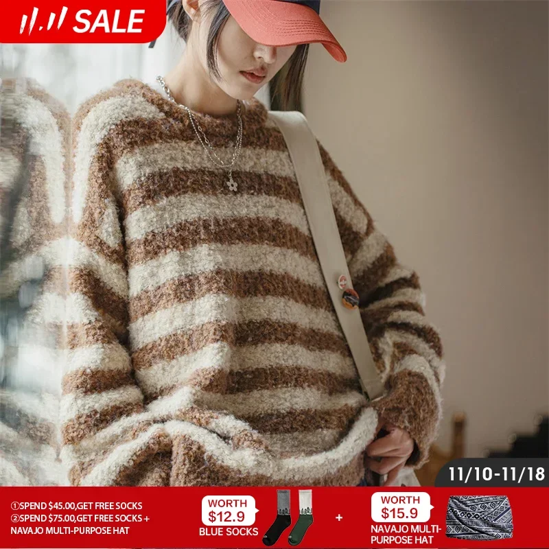 

Maden Women Loop Fleece Striped Sweater Autumn and Winter Oversize Pullover Knitwear Women's Warm Tops