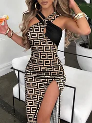 Patchwork Sexy Dress Women Summer Printed Sleeveless Ladies High Split Dress 2025 Hollow Out Elegant Holiday Streetwear Vestidos