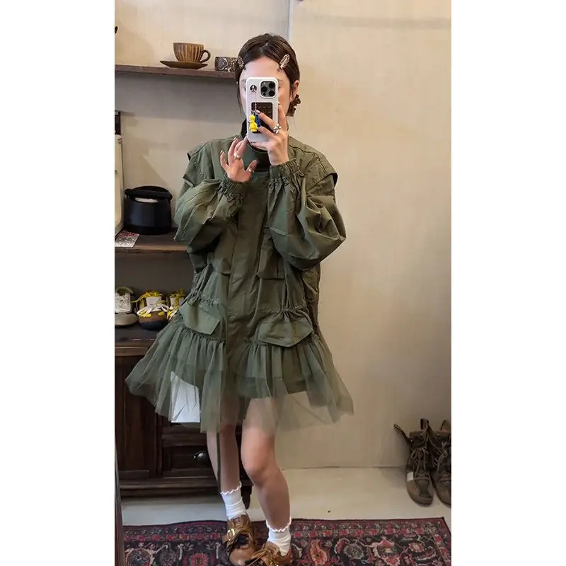 Women's Army Green Workwear Utility Tulle Hem Parka Detachable Sleeve Drawstring Waist Ruffle Jacket Chic Spring Fall Outerwear