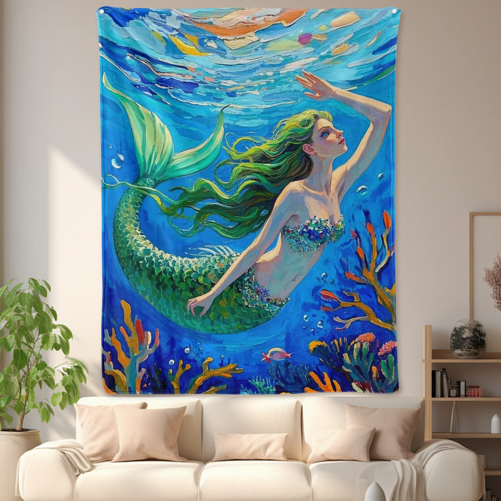 Diseño de sirena y algas marinas en manta verde y azul para decoración temática del océano y regalo único para adultos y entusiastas del mar