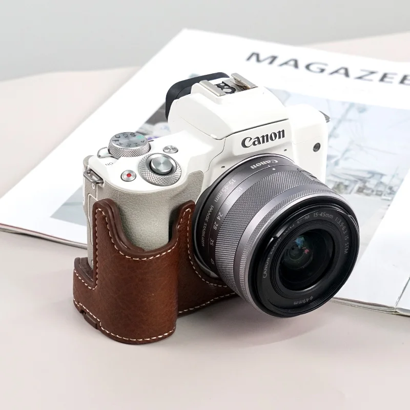 Futerał na aparat do Canon EOS M50 pu wykonana przez człowieka skórzana podstawa aparatu pół obudowy z folią szkło ochronne worek dolny otwór 1/4