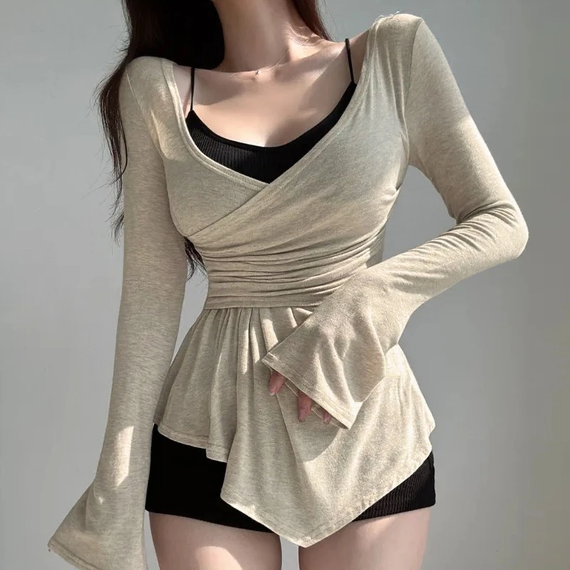Damen Slim Fit Langarm T-Shirt Sexy V-Ausschnitt mit Taillenschnürung Einfarbiges Top Trendiges Koreanisches Streetwear Vielseitiges Plissiertes Oberteil