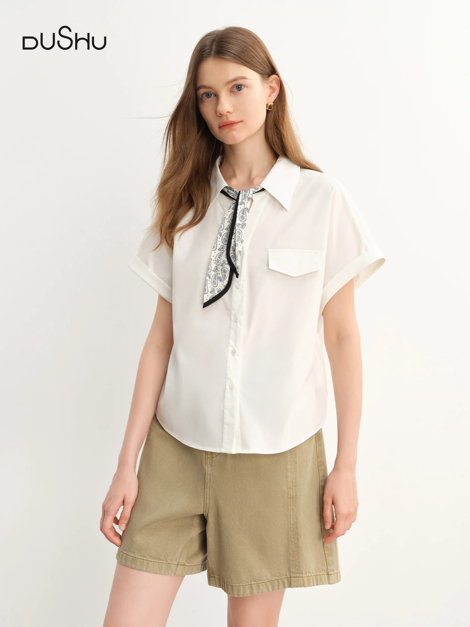 

DUSHU Design Sense Ribbon Short-sleeved Shirt 2025 Summer New Ultra-thin Temperament Top 25DS82914