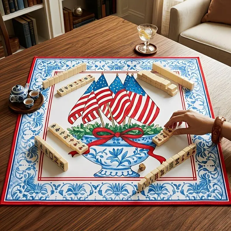 VIKAMA U.S. Flag Blue White Porcelain Mahjong Table Mat Noise-Reducing Patriotic Durable Game Mat Poker Card Game Table Decor