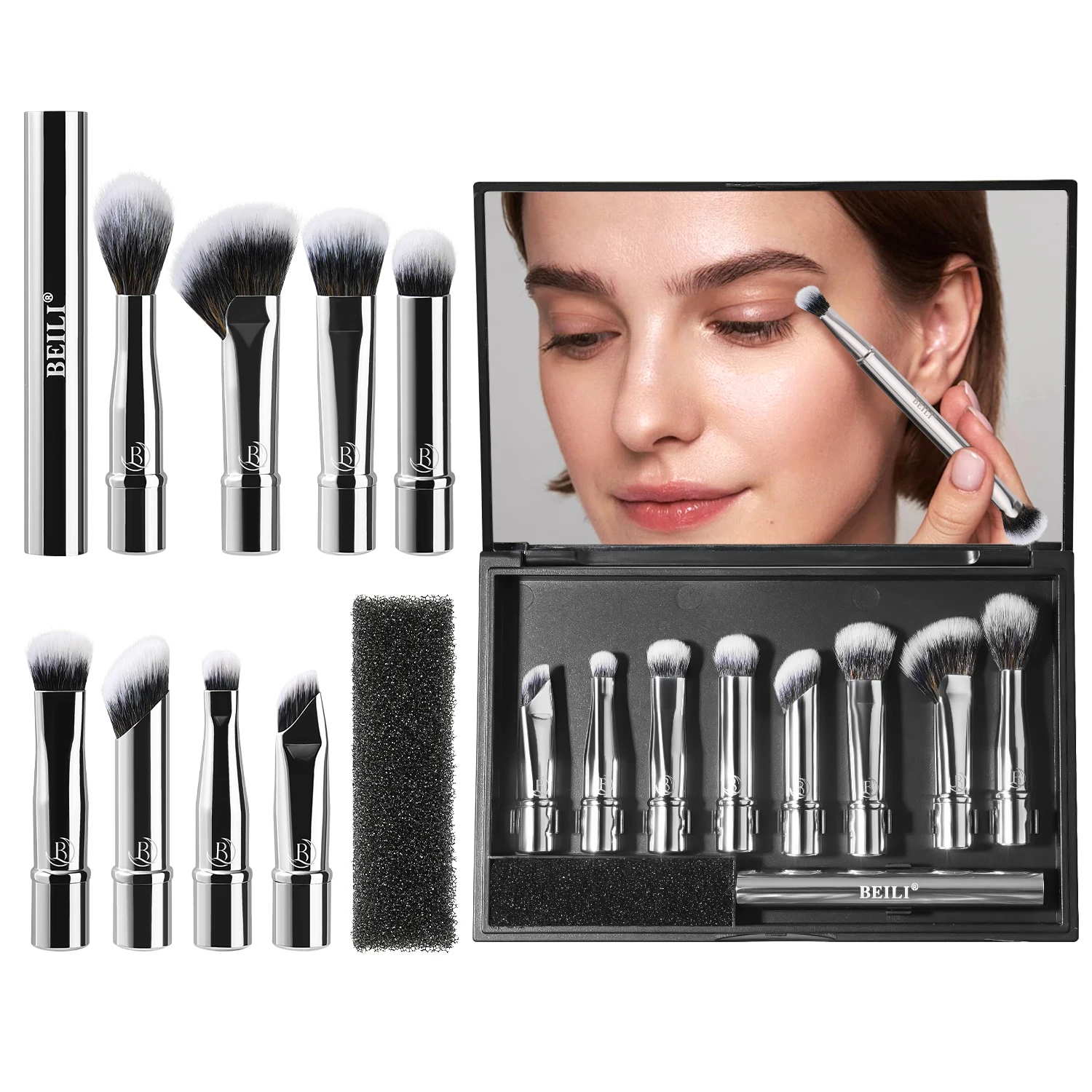 BEILI 8Pcs Portable Makeup Brush Set With Mirror - Foldable Travel Kit , Mini Makeup Brush Set Travel Makeup Brush Set