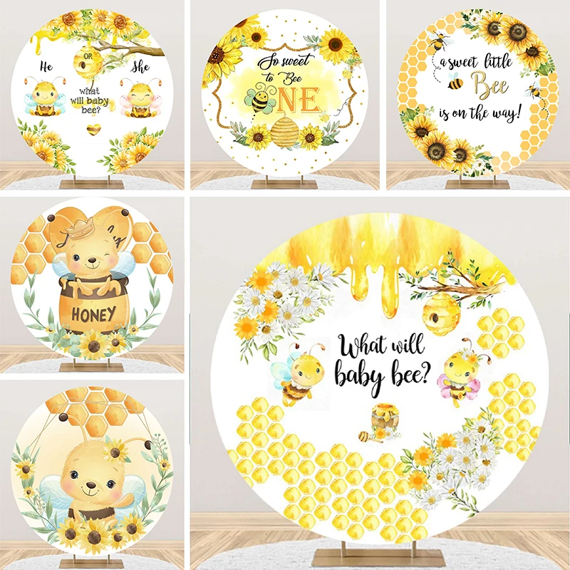 

Bee Round Backdrop Cover What Will Baby Bee Gender Reveal Decorations Newborn 1st Birthday Party Honeycomb Circle Background